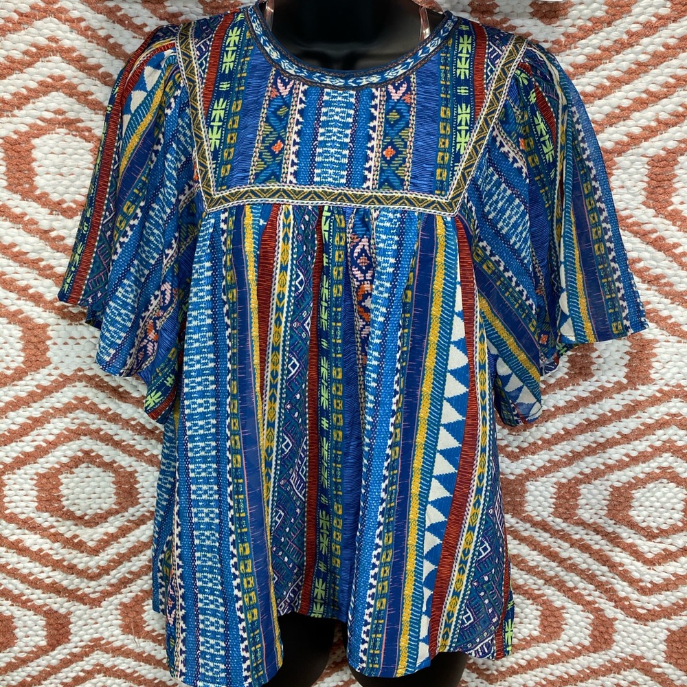 Blue multi color Striped Sheer blouse